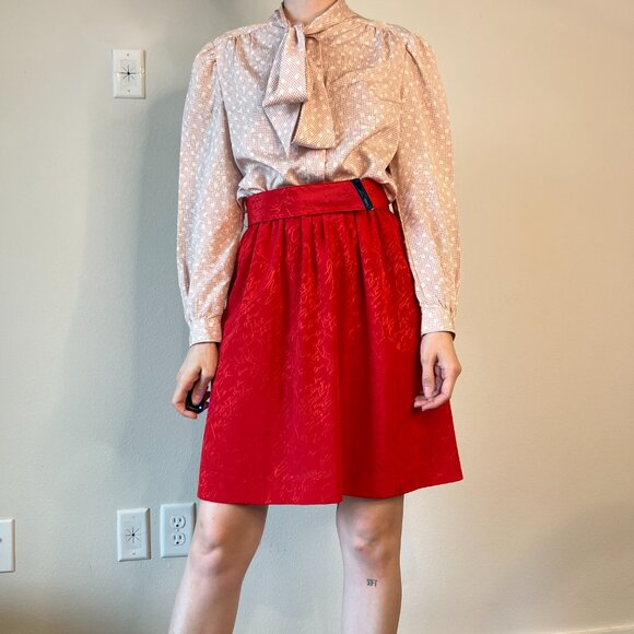 Vintage Red Jacquard Satin Mini Skirt w/Matching Belt 23" Stretch Waist - Picture 14 of 14